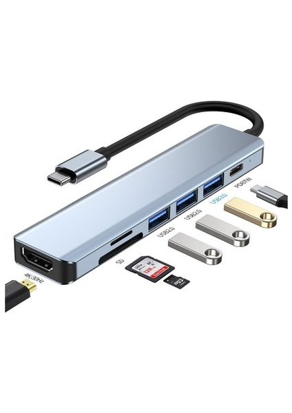 USB Type-C To 4K@30Hz HDMI Kablosu + Sd/ Tf Kart Okuyucu + Usb3.0 + 2xusb2.0 + Pd 87W Çevirici Kablo