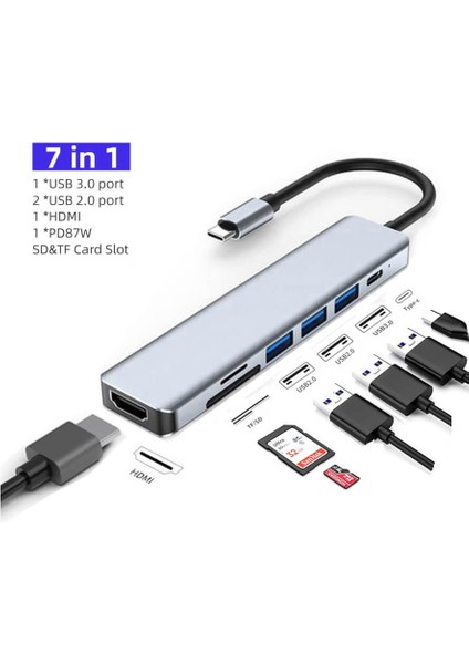 USB Type-C To 4K@30Hz HDMI Kablosu + Sd/ Tf Kart Okuyucu + Usb3.0 + 2xusb2.0 + Pd 87W Çevirici Kablo