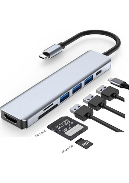 USB Type-C To 4K@30Hz HDMI Kablosu + Sd/ Tf Kart Okuyucu + Usb3.0 + 2xusb2.0 + Pd 87W Çevirici Kablo