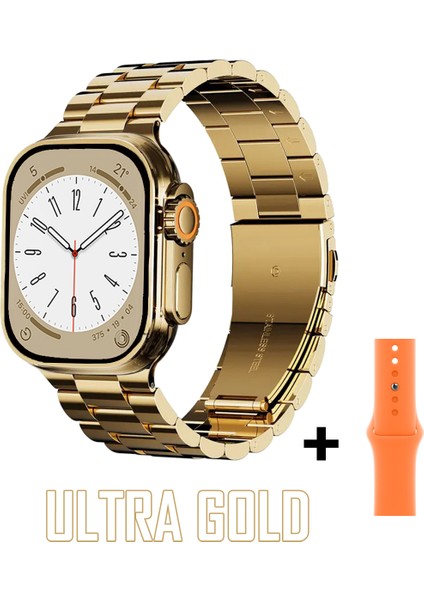 Watch 8 Ultra Gold Series H9 Ultra 49MM Full Ekran 2023 Altın Renk Metal ve Turuncu Silikon Çift Kordon Akıllı Saat