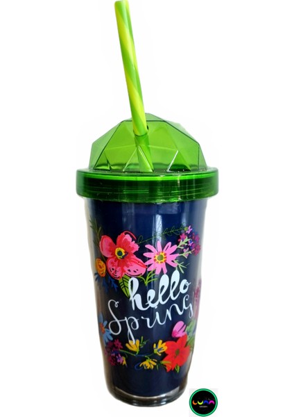 Desenli Çift Kat Pipetli Bardak-Hello Spring 540 ml Desenli-Cift-Kat-Pipetli-Bahar Luna-Hello Sprıng