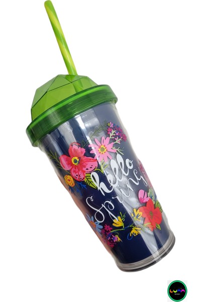 Desenli Çift Kat Pipetli Bardak-Hello Spring 540 ml Desenli-Cift-Kat-Pipetli-Bahar Luna-Hello Sprıng