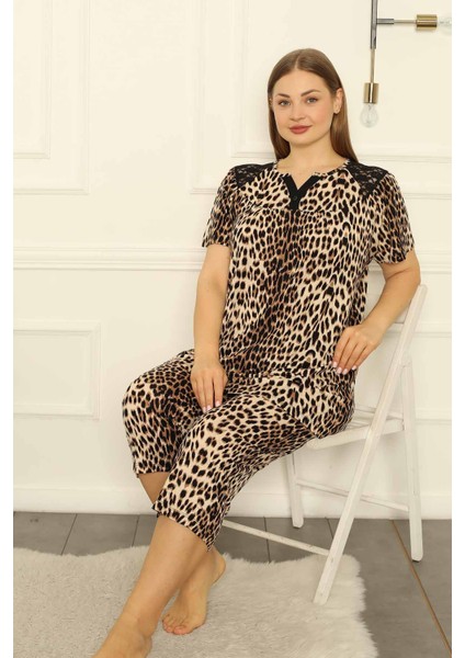 Kahverengi Leopra Battal Bermuda Kadın Pijama Takımı 2711BB