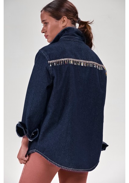 2222-Kadın Denim Taş Detaylı Koyu Mavi Ceket modelleri