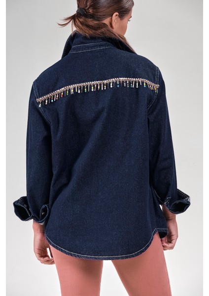 2222-Kadın Denim Taş Detaylı Koyu Mavi Ceket fırsatları