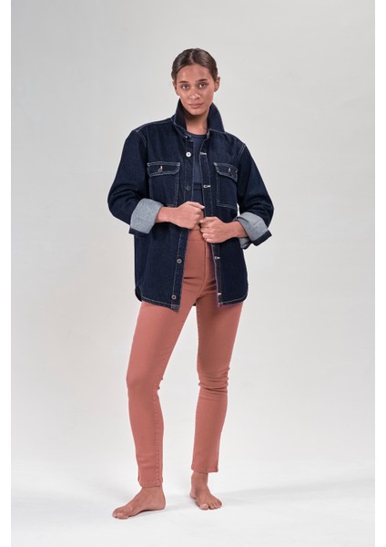 2222-Kadın Denim Taş Detaylı Koyu Mavi Ceket