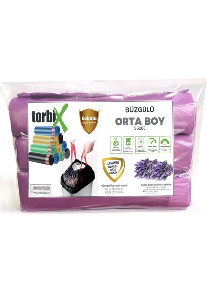 Büzgülü Çöp Torbası Lavanta Kokulu Orta Boy 55 x 60 cm 3 Rulo x 10 Adet