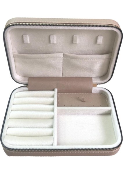 Fermuarlı Deri (Ahşap Kasalı ) Büyük Boy Takı, Seyahat ve Mücevher Çantası,kutusu Vizon (14X21)