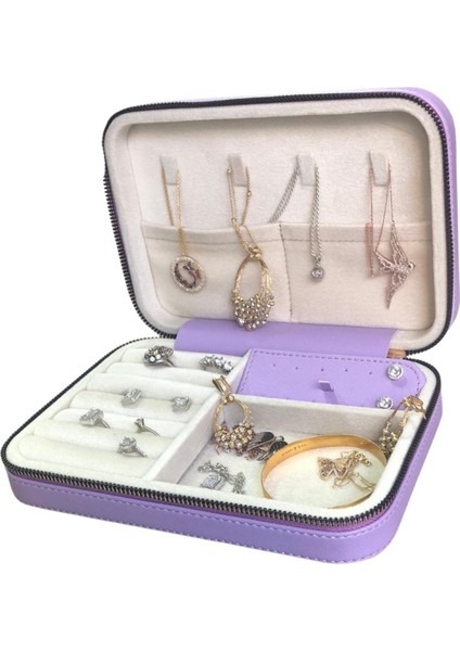 Fermuarlı Deri (Ahşap Kasalı ) Büyük Boy Takı, Seyahat ve Mücevher Çantası,kutusu Lila (14X21)