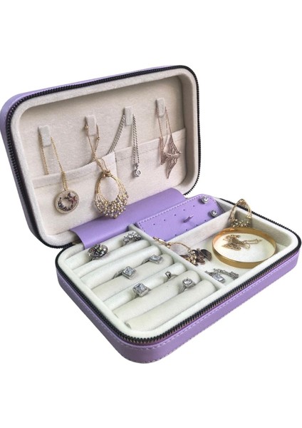Fermuarlı Deri (Ahşap Kasalı ) Büyük Boy Takı, Seyahat ve Mücevher Çantası,kutusu Lila (14X21) fiyatları