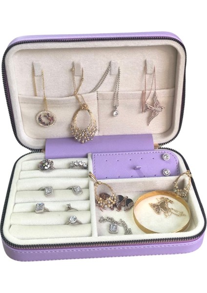 Fermuarlı Deri (Ahşap Kasalı ) Büyük Boy Takı, Seyahat ve Mücevher Çantası,kutusu Lila (14X21) indirimleri