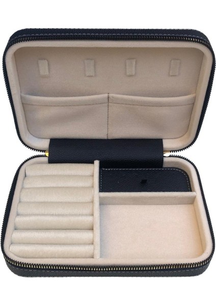 Fermuarlı Deri (Ahşap Kasalı ) Büyük Boy Takı, Seyahat ve Mücevher Çantası,kutusu Lacivert (14X21)