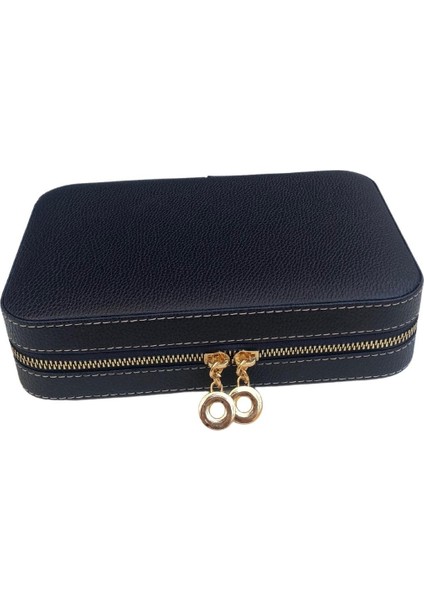 Fermuarlı Deri (Ahşap Kasalı ) Büyük Boy Takı, Seyahat ve Mücevher Çantası,kutusu Lacivert (14X21) modelleri