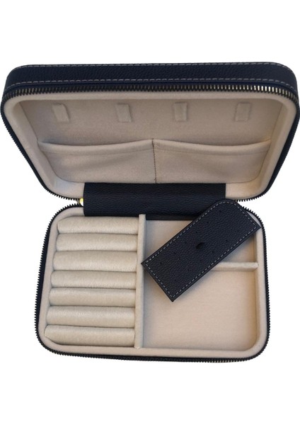 Fermuarlı Deri (Ahşap Kasalı ) Büyük Boy Takı, Seyahat ve Mücevher Çantası,kutusu Lacivert (14X21) fırsatları