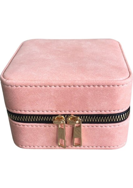 Fermuarlı Süet Takı, Seyahat ve Mücevher Çantası,kutusu Pembe (11X11 cm ) modelleri