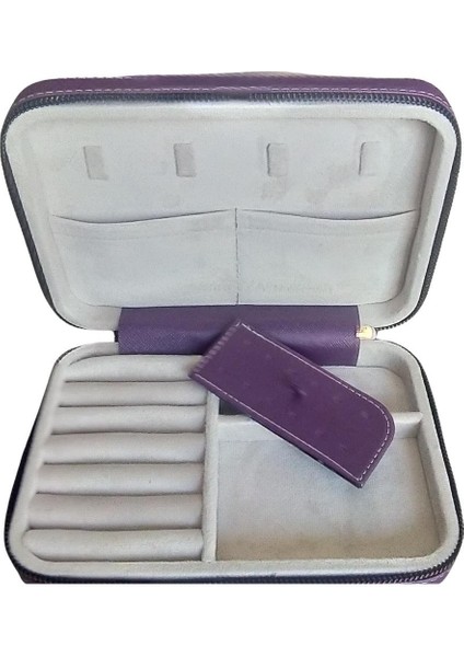 Fermuarlı Deri (Ahşap Kasalı ) Büyük Boy Takı, Seyahat ve Mücevher Çantası,mor 14X21 Cm) modelleri