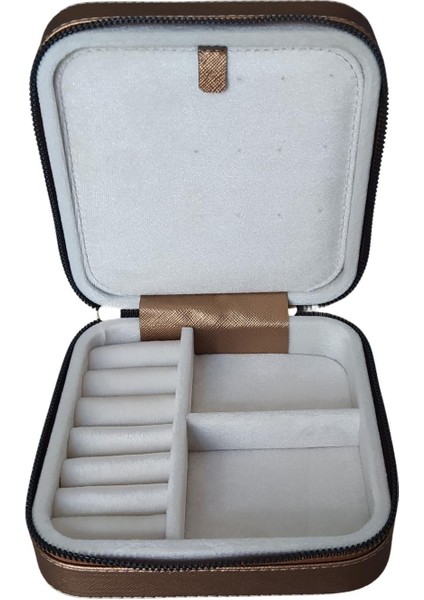 Fermuarlı Deri (Ahşap Kasalı ) Orta Boy Takı, Seyahat ve Mücevher Çantası,kutusu Bakır (15X15 Cm)