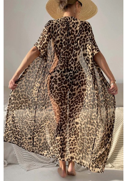 Şifon Uzun Önden Bağlamalı Leopar Plaj Elbisesi Pareo Kimono