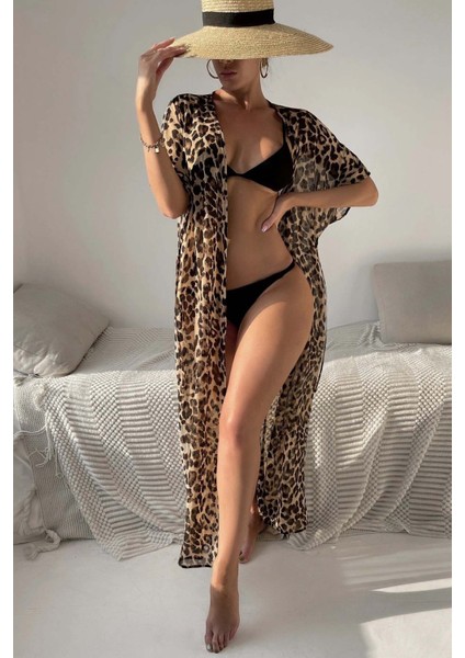 Şifon Uzun Önden Bağlamalı Leopar Plaj Elbisesi Pareo Kimono