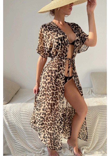 Şifon Uzun Önden Bağlamalı Leopar Plaj Elbisesi Pareo Kimono