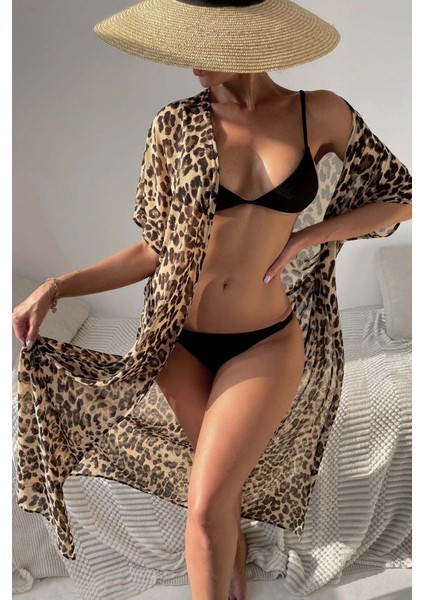 Şifon Uzun Önden Bağlamalı Leopar Plaj Elbisesi Pareo Kimono