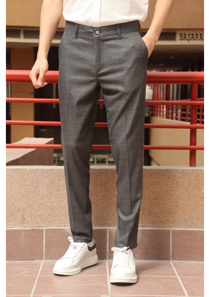 Erkek Gri Ekose Desen Slim-fit Poliviskon Pantolon
