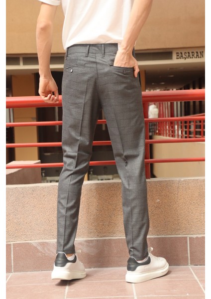 Erkek Gri Ekose Desen Slim-fit Poliviskon Pantolon fırsatları
