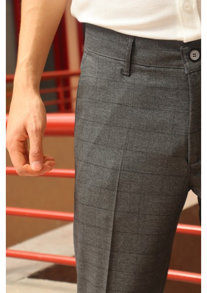 Erkek Gri Ekose Desen Slim-fit Poliviskon Pantolon indirimleri