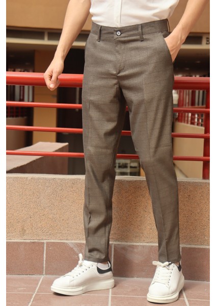 Erkek Vizon Ekose Desen Slim-fit Poliviskon Pantolon