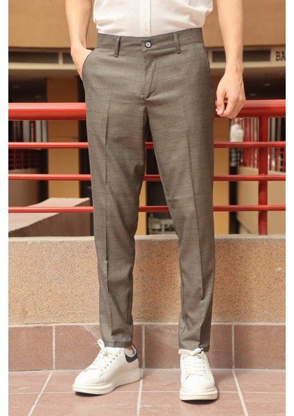 Erkek Vizon Ekose Desen Slim-fit Poliviskon Pantolon fiyatları