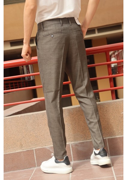 Erkek Vizon Ekose Desen Slim-fit Poliviskon Pantolon modelleri