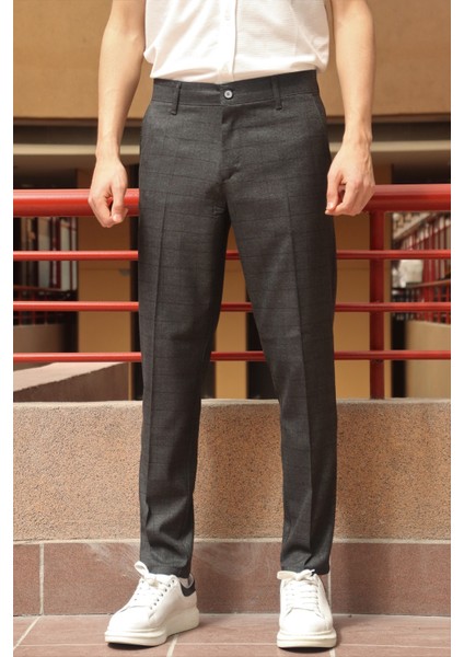 Erkek Siyah Ekose Desen Slim-fit Poliviskon Pantolon