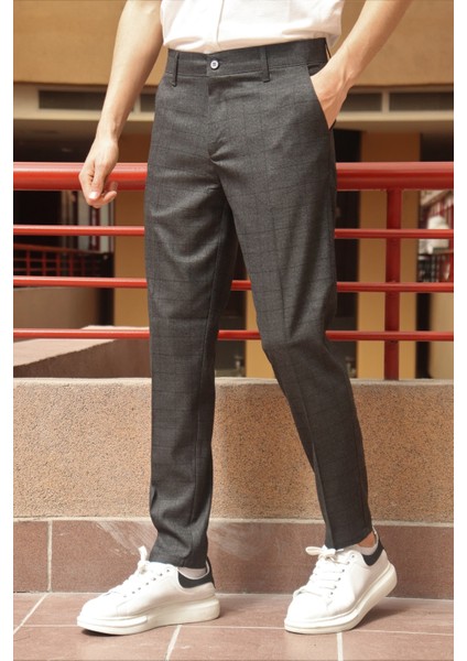 Erkek Siyah Ekose Desen Slim-fit Poliviskon Pantolon fiyatları