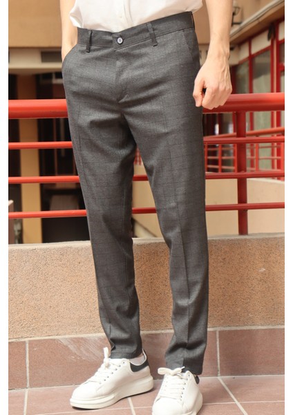 Erkek Antrasit Ekose Desen Slim-fit Poliviskon Pantolon
