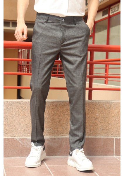 Erkek Antrasit Ekose Desen Slim-fit Poliviskon Pantolon modelleri