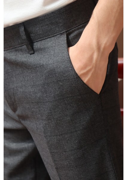 Erkek Antrasit Ekose Desen Slim-fit Poliviskon Pantolon indirimleri
