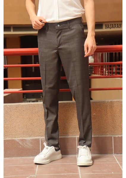 Erkek Kahve Ekose Desen Slim-fit Poliviskon Pantolon