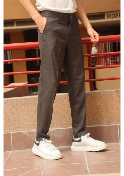 Erkek Kahve Ekose Desen Slim-fit Poliviskon Pantolon fiyatları