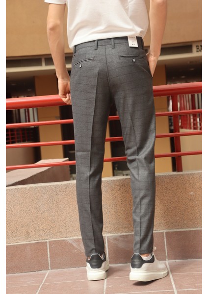 Erkek Ekose Desen Slim-Fit Poliviskon Pantolon INP263