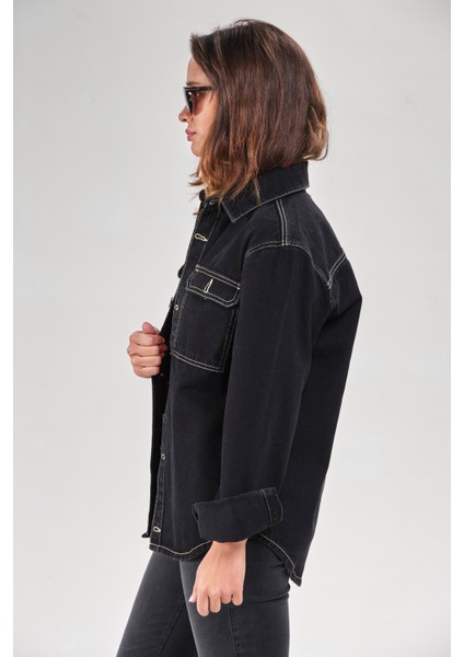 4242-Kadın Denim Siyah Ceket