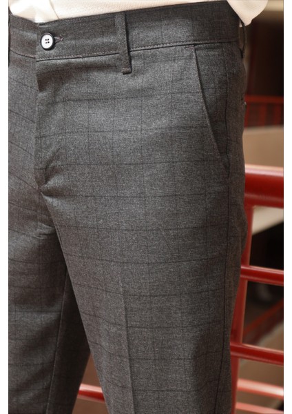 Erkek Siyah Ekose Desen Slim-Fit Poliviskon Pantolon