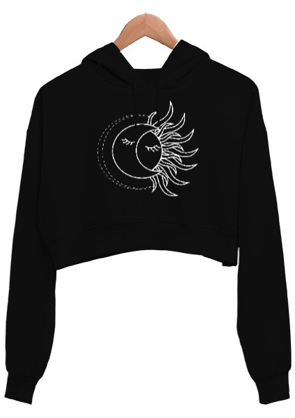 Moon And Sun - Güneş ve Ay Siyah Kadın Crop Hoodie Kapüşonlu Sweatshirt