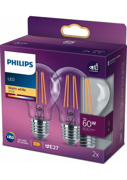 PHILIPS FILAMENT 60W 2Lİ AMPUL SARI IŞIK 2700K