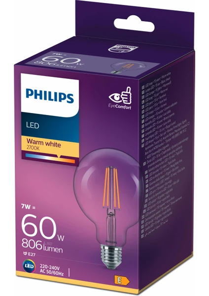 PHILIPS 60W FILAMENT GLOBE AMPUL G93 SARI IŞIK 2700K