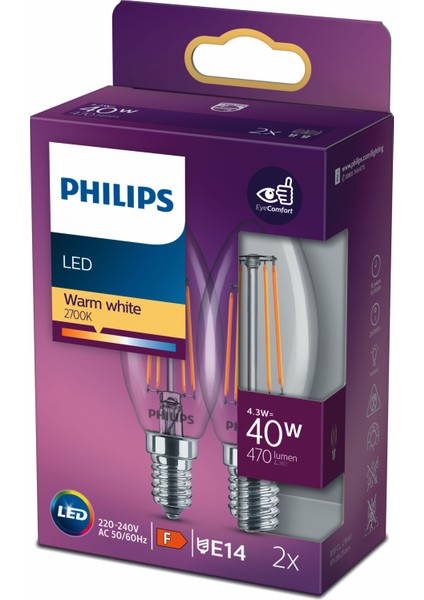 FILAMENT 40W E14 İNCE DUYLU MUM AMPUL SARI IŞIK 2Lİ