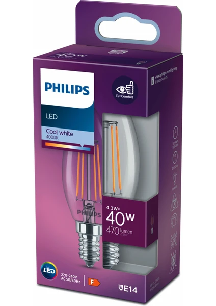 PHILIPS FILAMENT 40W E14 İNCE DUYLU MUM AMPUL GÜN IŞIĞI