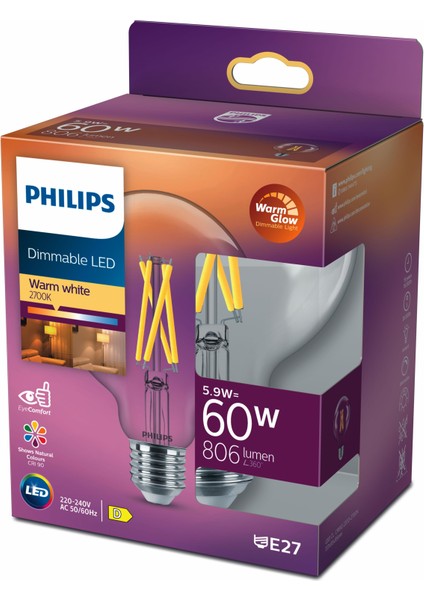 PHILIPS FILAMENT 60W DİMLENEBİLİR GLOBE AMPUL G93 SARI IŞIK 2700K