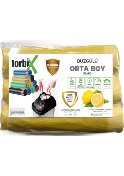 Büzgülü Çöp Torbası Limon Kokulu Orta Boy 55 x 60 cm 3 Rulo x 10 Adet