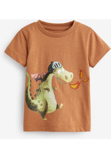 Next Baby Çocuk %100 Pamuk Dinozor Baskılı Kahverengi T-Shirt