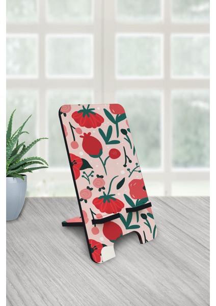 Red Flowers Telefon & Tablet Tutacağı Ahşap Masaüstü Standı